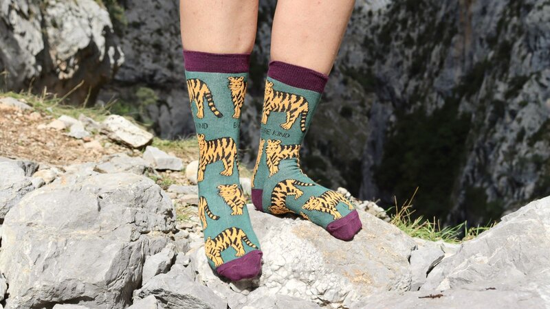 A person wearing green tiger-print socks is standing on rocky ground.