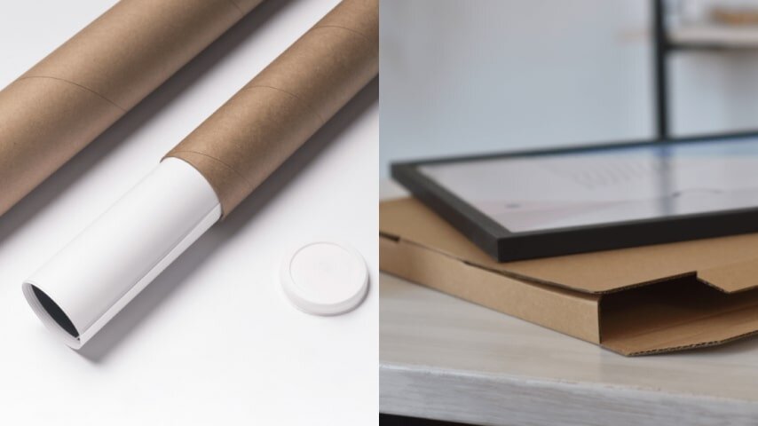 Examples of cardboard packaging for print-on-demand posters.