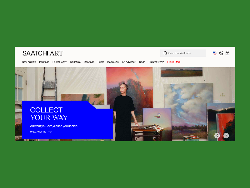 Saatchi Art homepage showing an artist among her landscape paintings.