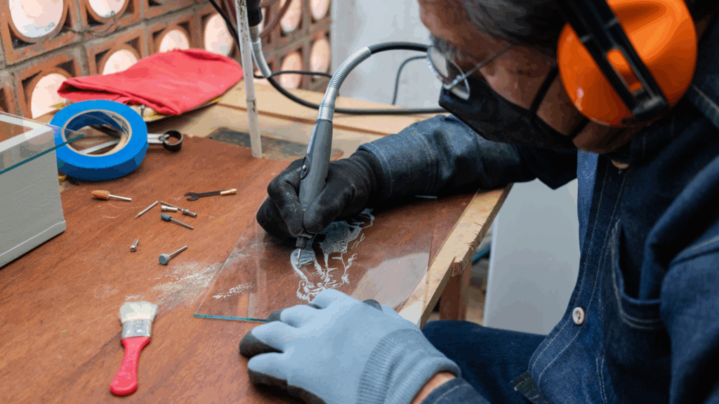 A man in protective gear is engraving glass.