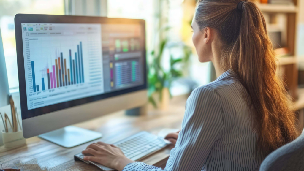 A woman sitting at a desk and monitoring SEO issues.