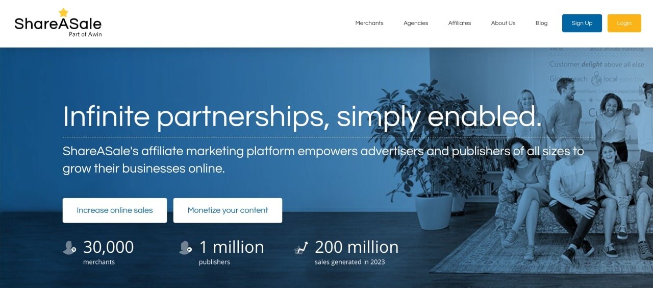 Hero section screenshot of the ShareASale affiliate marketing platform homepage.