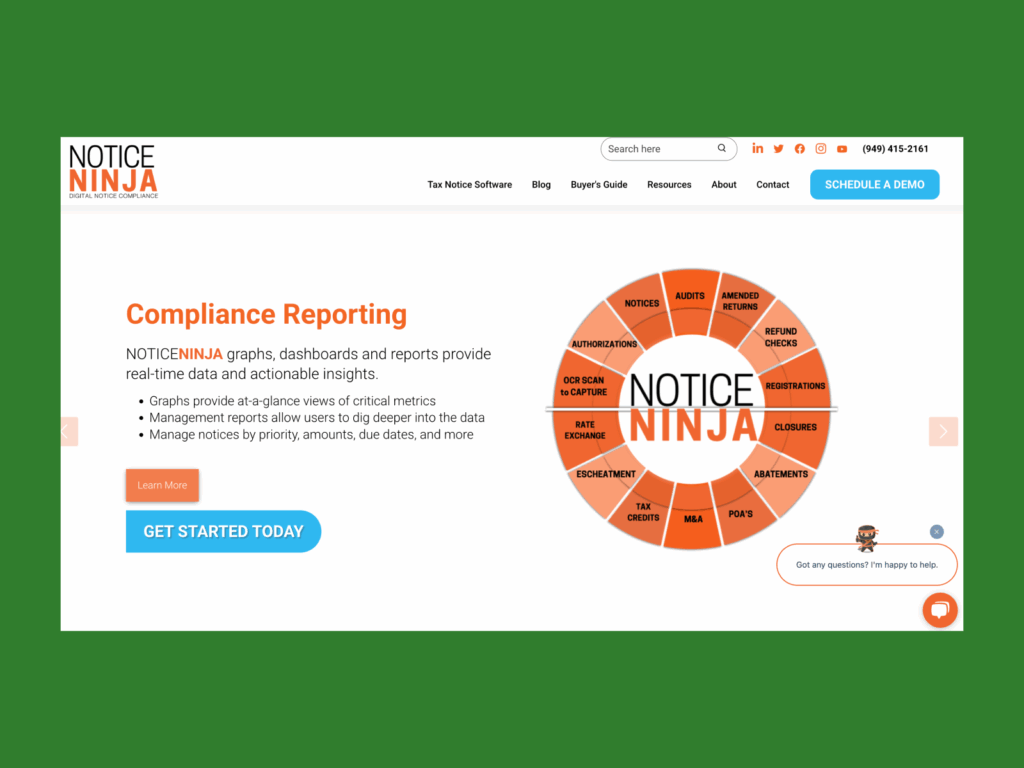 A screenshot of the landing page of the Notice ninja landing page.