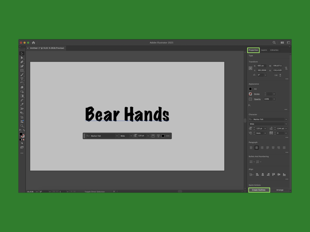 A screenshot mockup showing how to create outlines for a text layer in Adobe Illustrator.