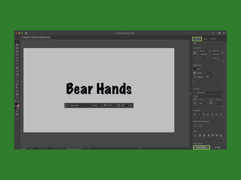 A screenshot mockup showing how to create outlines for a text layer in Adobe Illustrator.