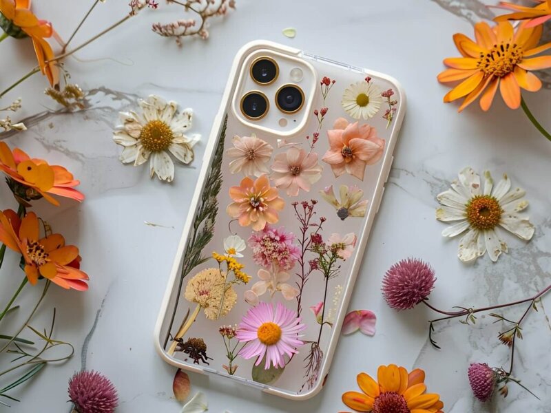 A phone with a phone case with a flower pattern.
