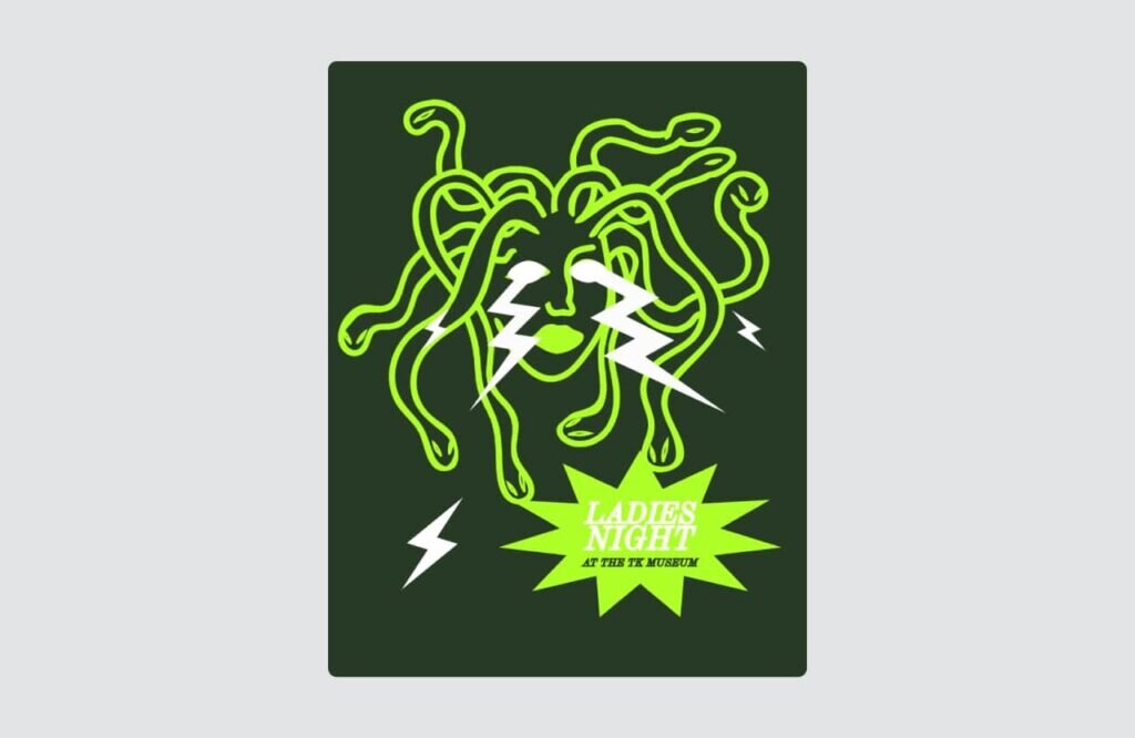 An illustration of a neon green medusa on a dark green background.