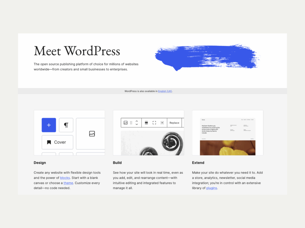 A screenshot of the WordPress landing page.