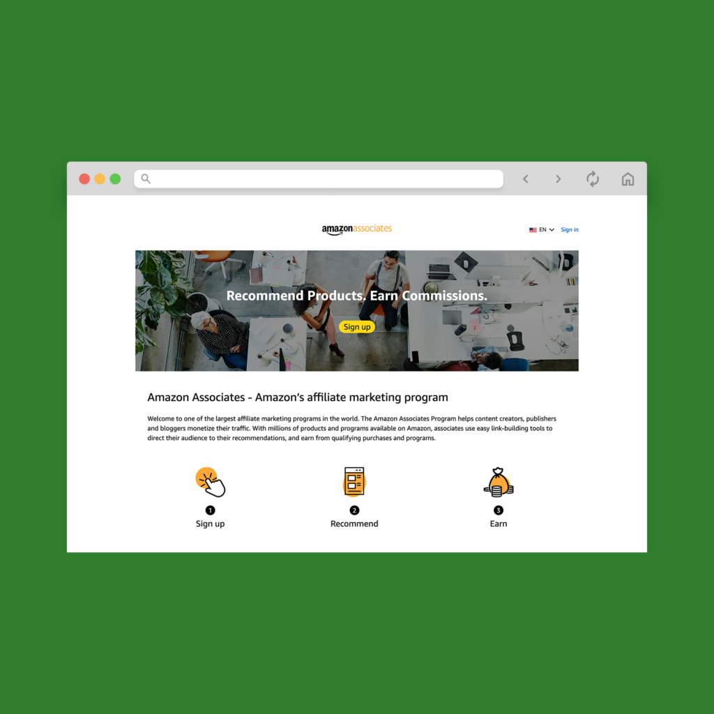 Amazon Associate homepage hero section screenshot mockup.
