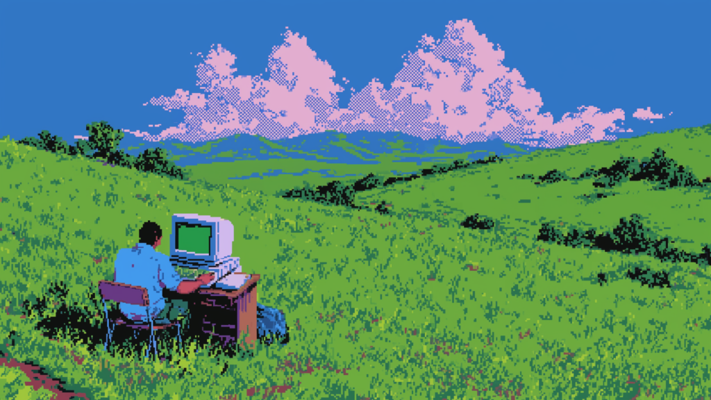 A man sitting on a chair in a field, working on a laptop computer surrounded by greenery and open space.