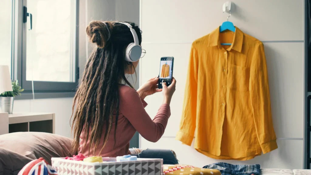 A woman photographing a shirt displayed on a hanger, capturing the details of the garment.