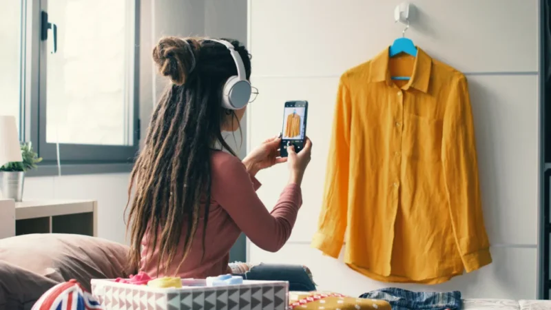 A woman photographing a shirt displayed on a hanger, capturing the details of the garment.