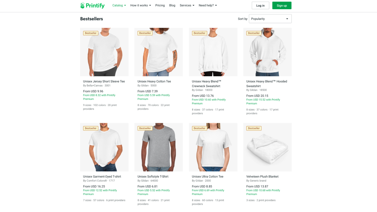 Printify's Catalog showcasing its best-selling products and their standard and premium prices.