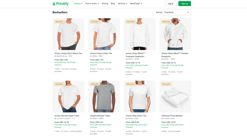 Printify's Catalog showcasing its best-selling products and their standard and premium prices.