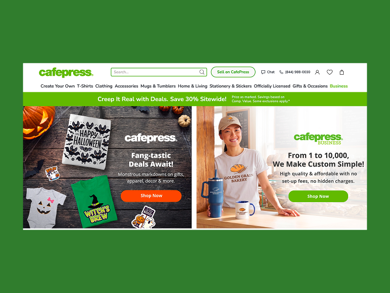CafePress homepage with Halloween merch and custom business products.