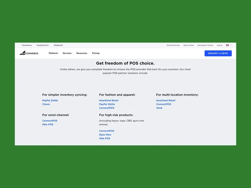 "A BigCommerce page titled 'Get freedom of POS choice' detailing POS partner solutions for inventory syncing, fashion, multi-location, omni-channel, and high-risk products.