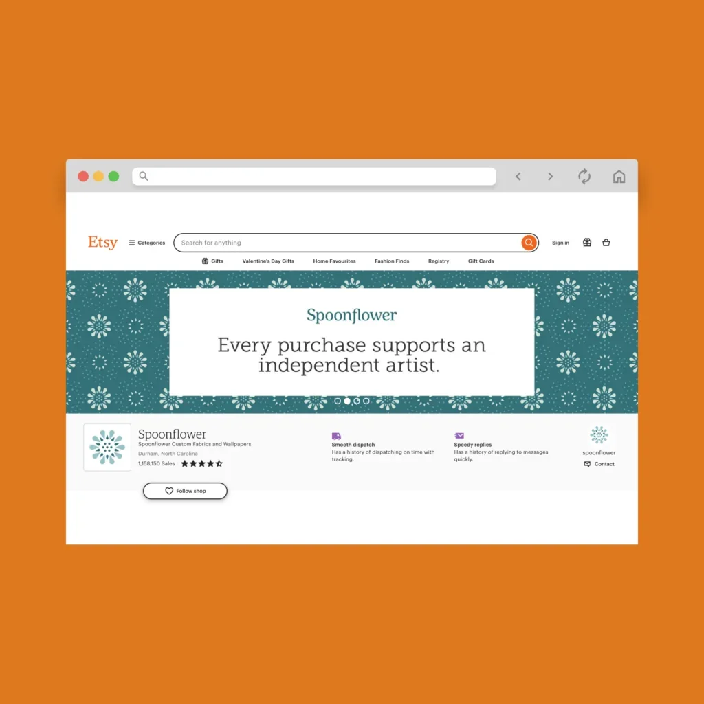SpoonFlower Etsy shop hero section screenshot.