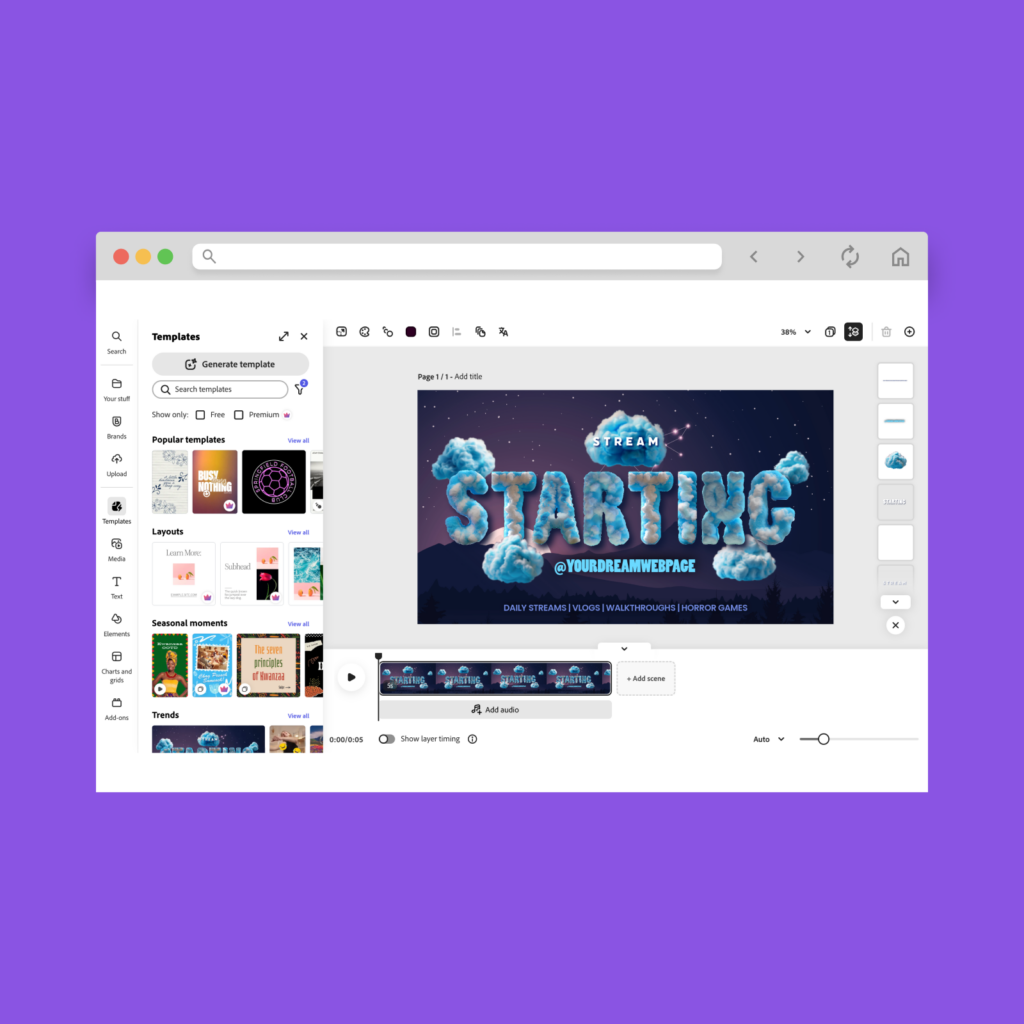 A screenshot of Adobe Express being used to create animated videos.