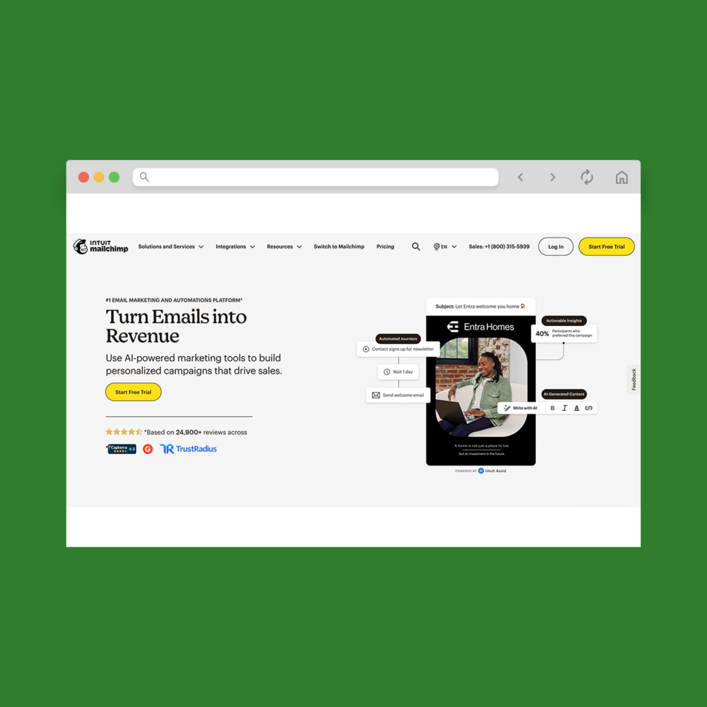 Mailchimp homepage hero section screenshot mockup.