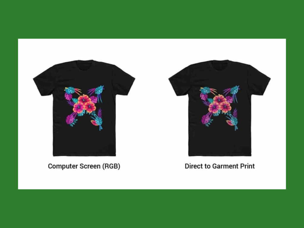 A screenshot mockup showing the difference between RGB and CMYK printing on a t-shirt.