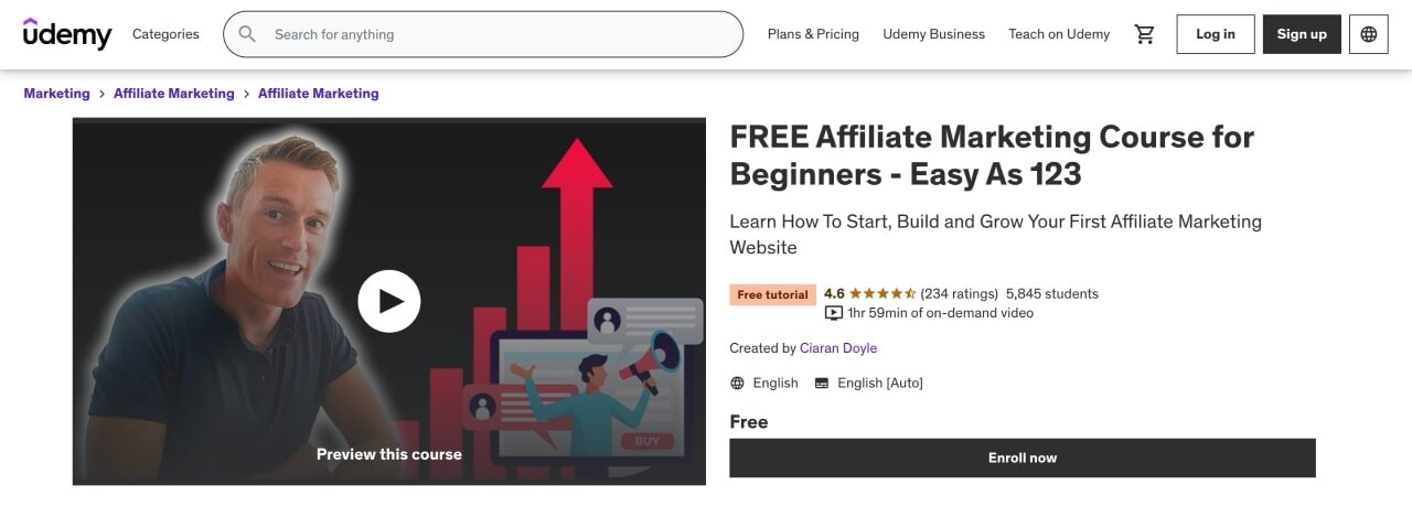Udemy's “Free Affiliate Marketing Course for Beginners” by Ciaran Doyle course page hero section screenshot.