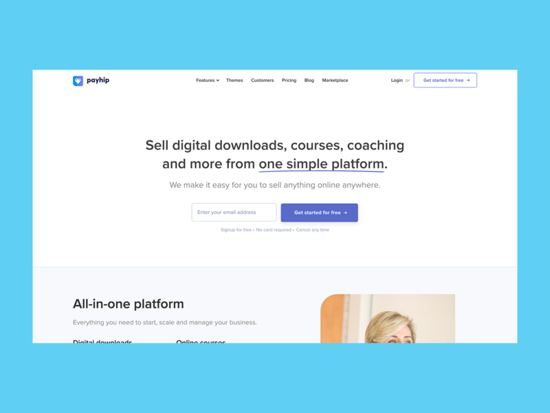 Payhip homepage hero section screenshot mockup.