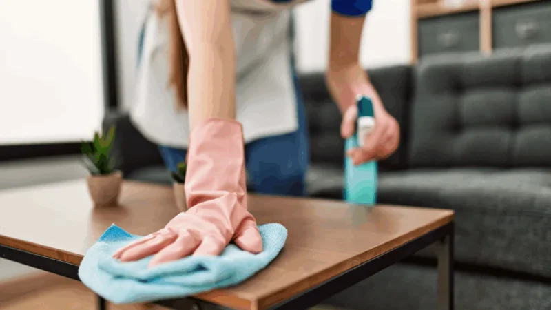A person in rubber gloves wiping a table.