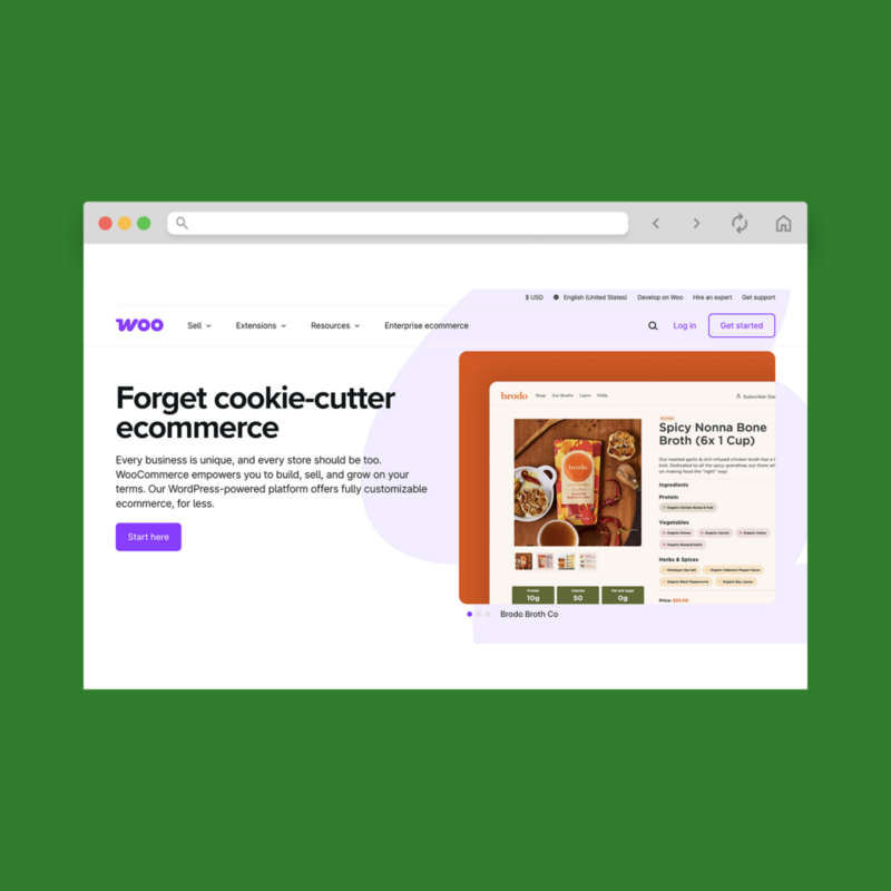 A screenshot mockup of WooCommerce’s homepage hero section.