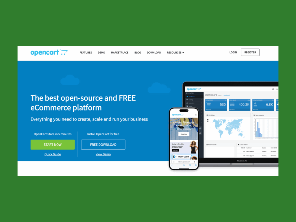 A screenshot of the OpenCart landing page.