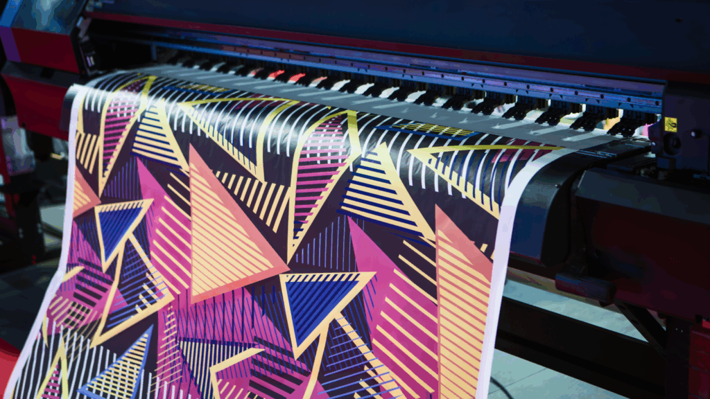 A large print machine displaying a vibrant print on its surface, showcasing its printing capabilities.