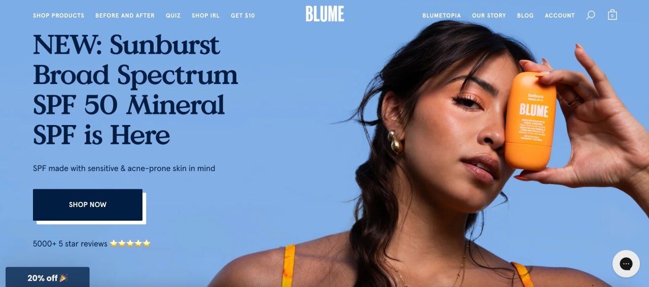 The homepage of the Blume Shopify store