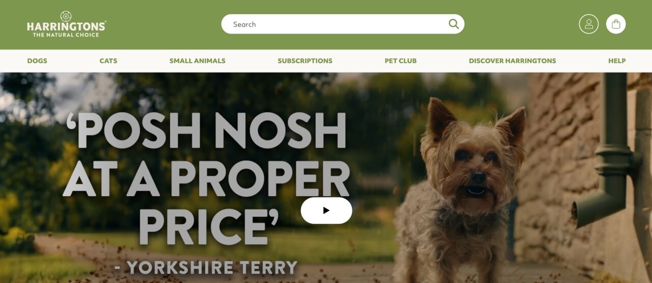 The homepage of the Harringtons Pet Food Shopify store