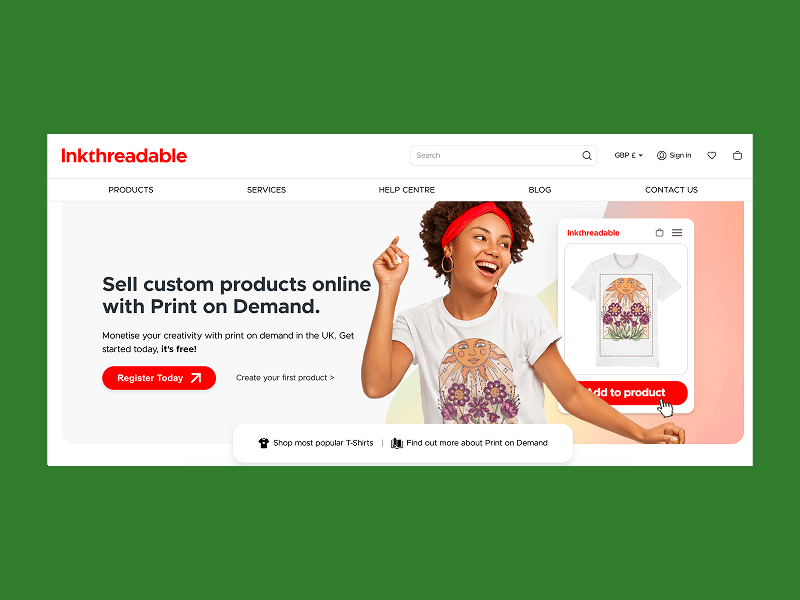 Inkthreadable homepage with a woman in a custom printed T-shirt.