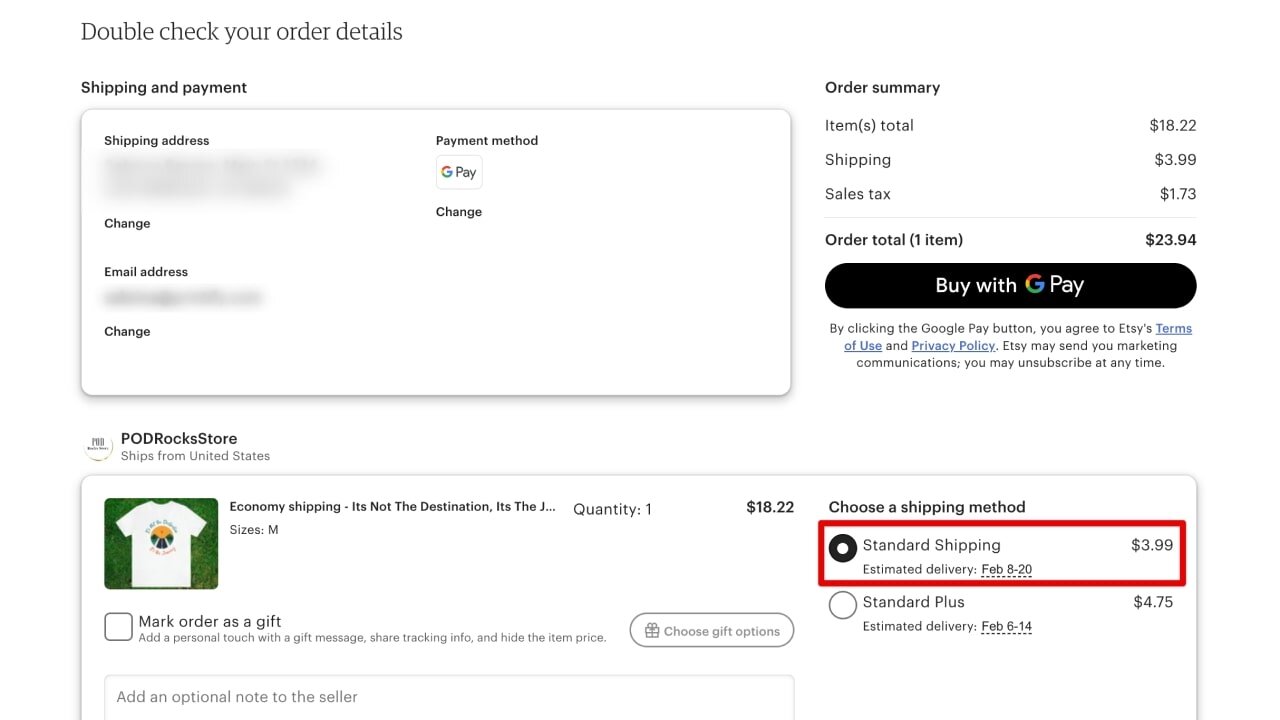Standard and Economy Shipping options shown in Etsy's order approval section.