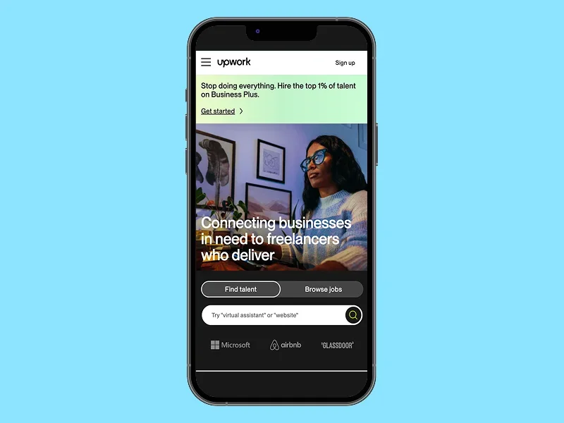 Upwork homepage, mobile phone screenshot mockup.