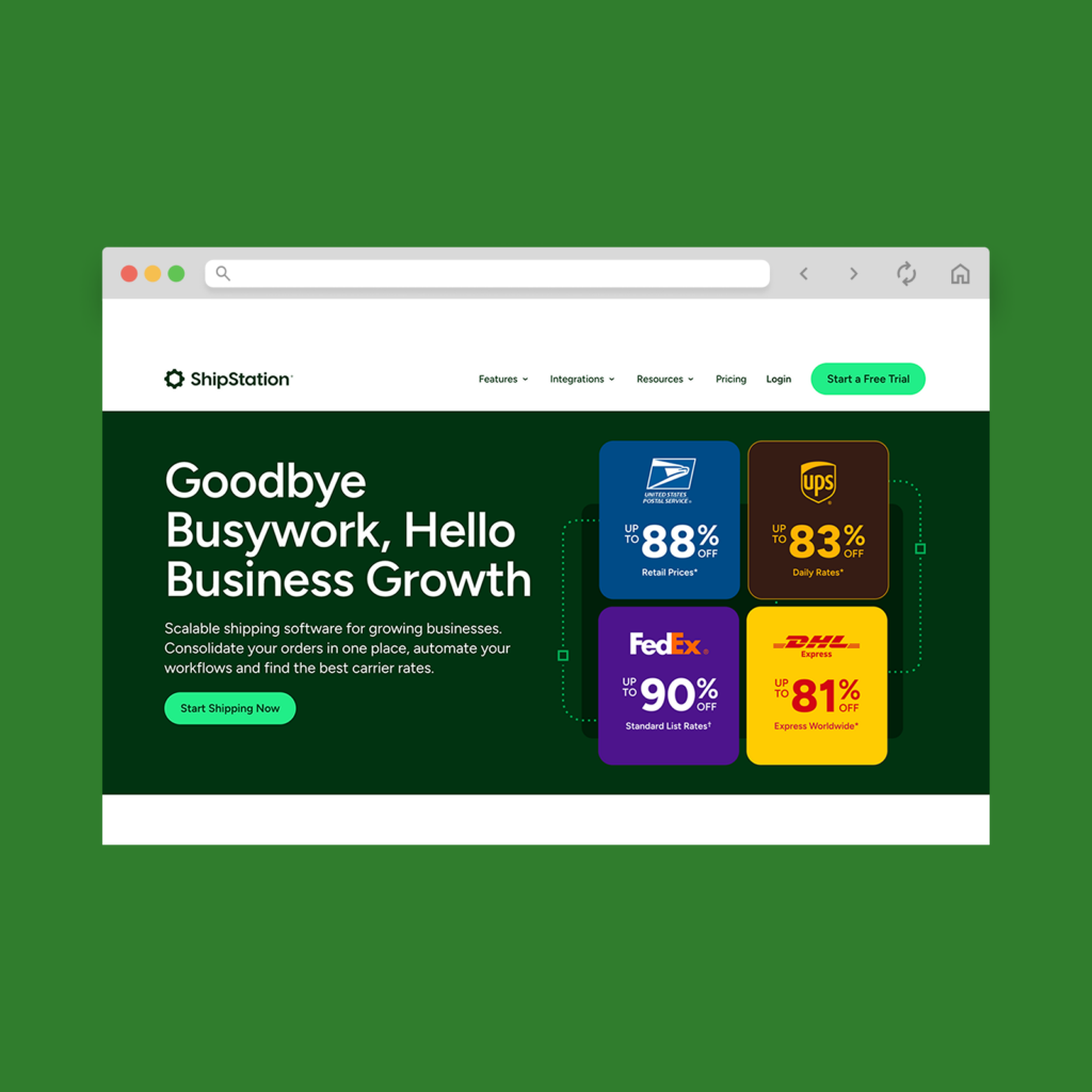 ShipStation homepage hero section screenshot mockup.