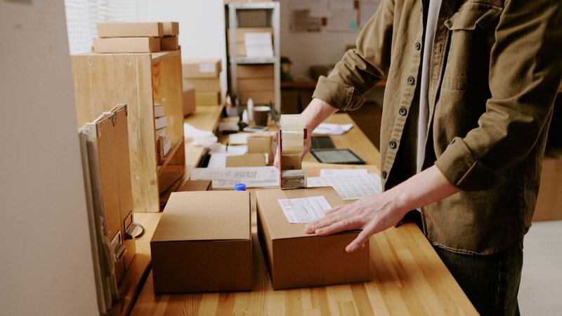 A man in a khaki shirt is taping a delivery box. Shelves and more delivery boxes in the background.