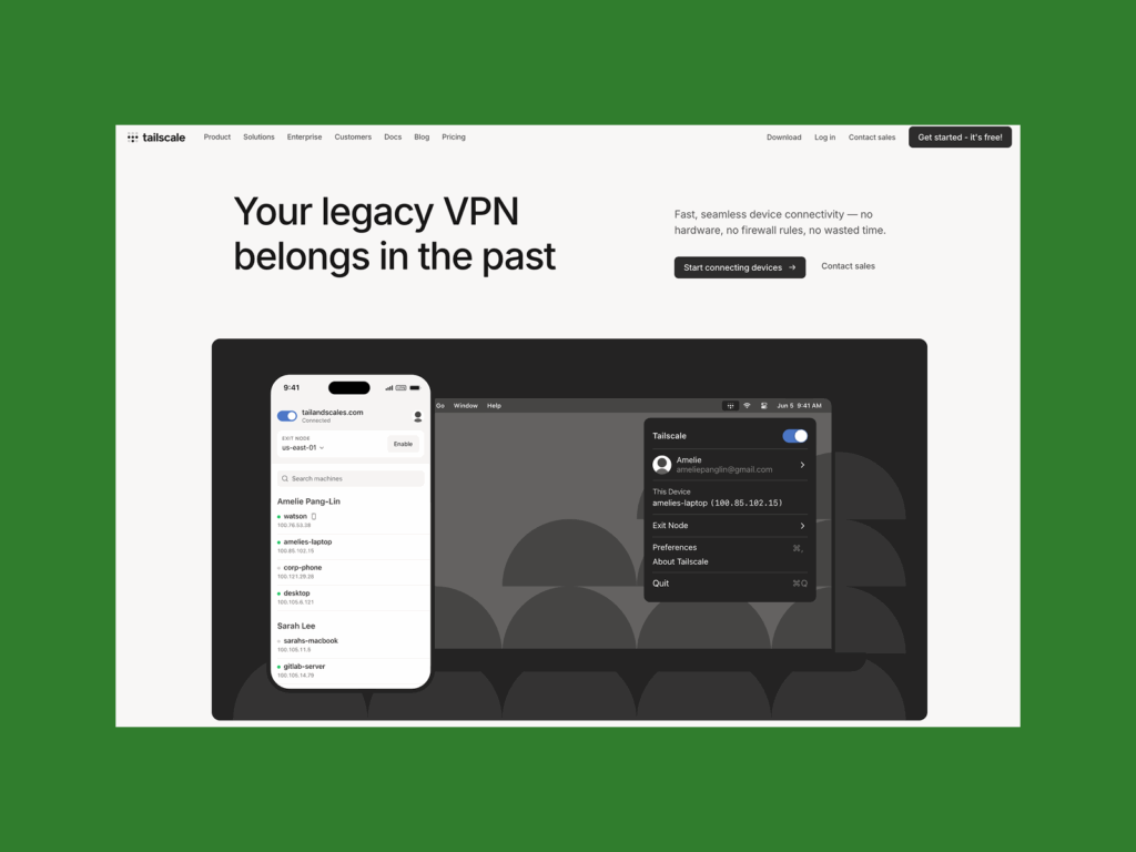 Tailscale’s homepage hero section screenshot mockup as an example of a top saas company.