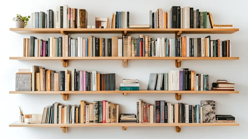 Four shelves full of books on a white wall.