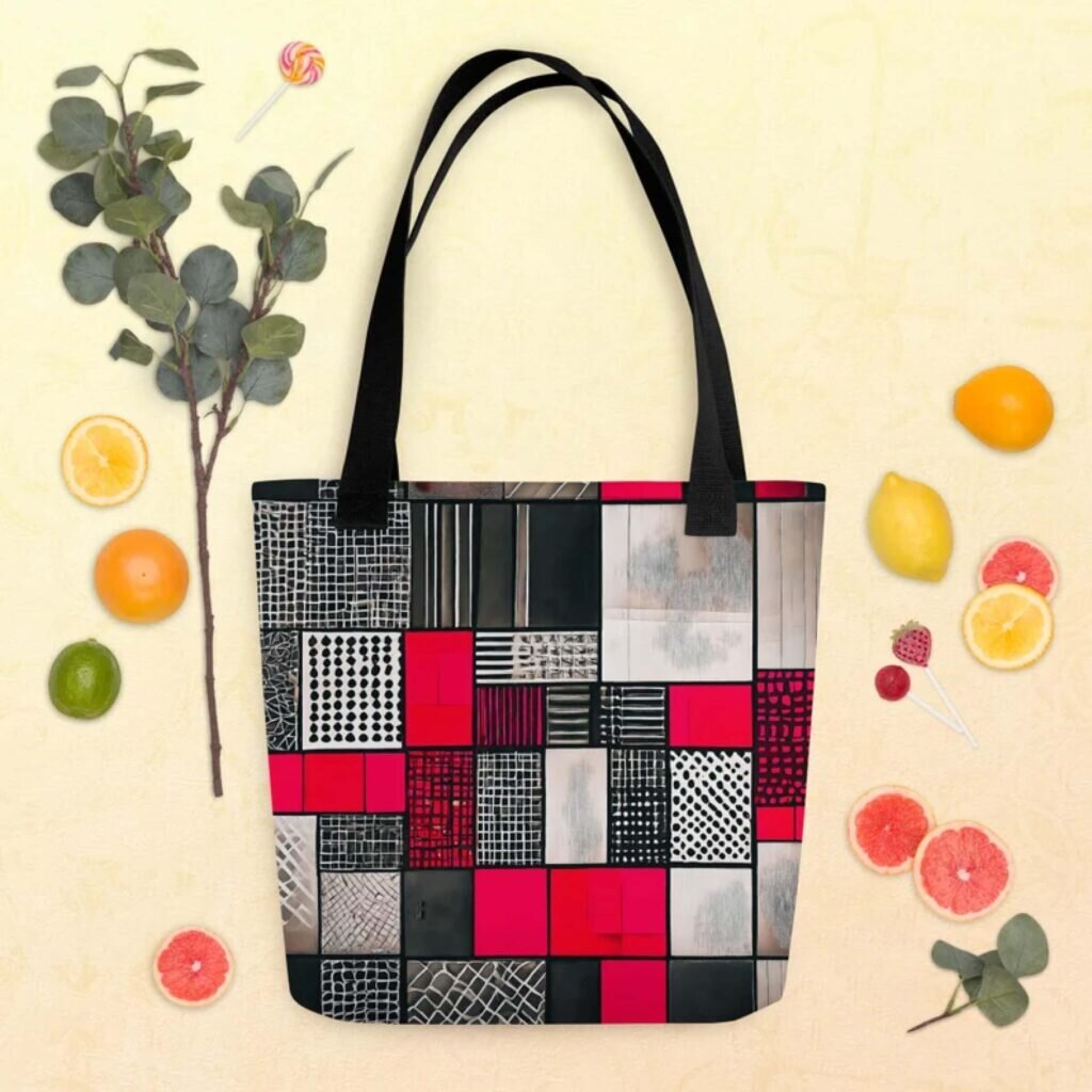 A tote bag with a Bauhaus-style geometric pattern.