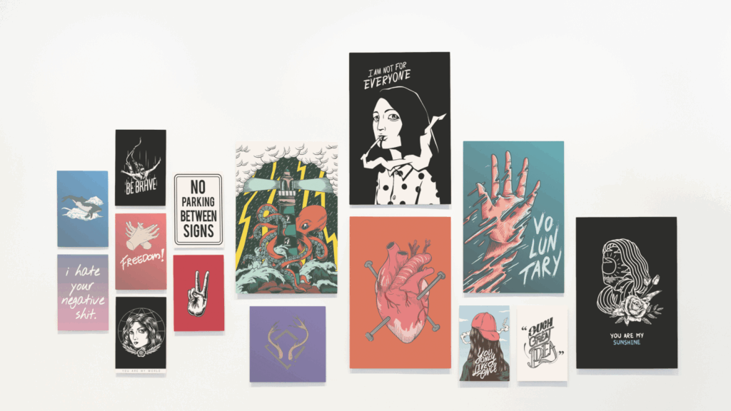 A set of printable artwork on the wall.