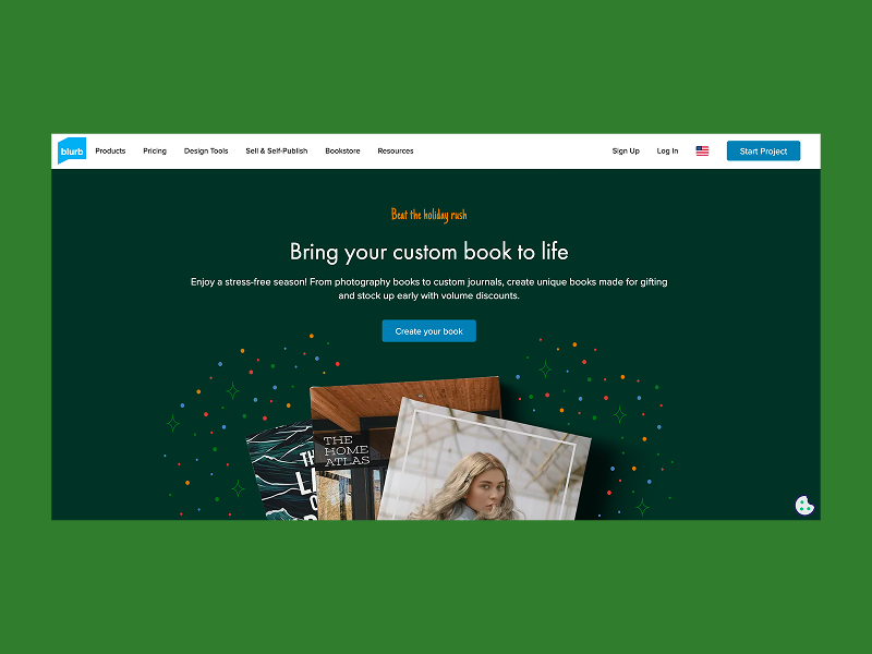 Blurb homepage promoting custom photo books and journals.