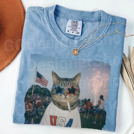 A woman wearing a white retro 4th of July t-shirt 