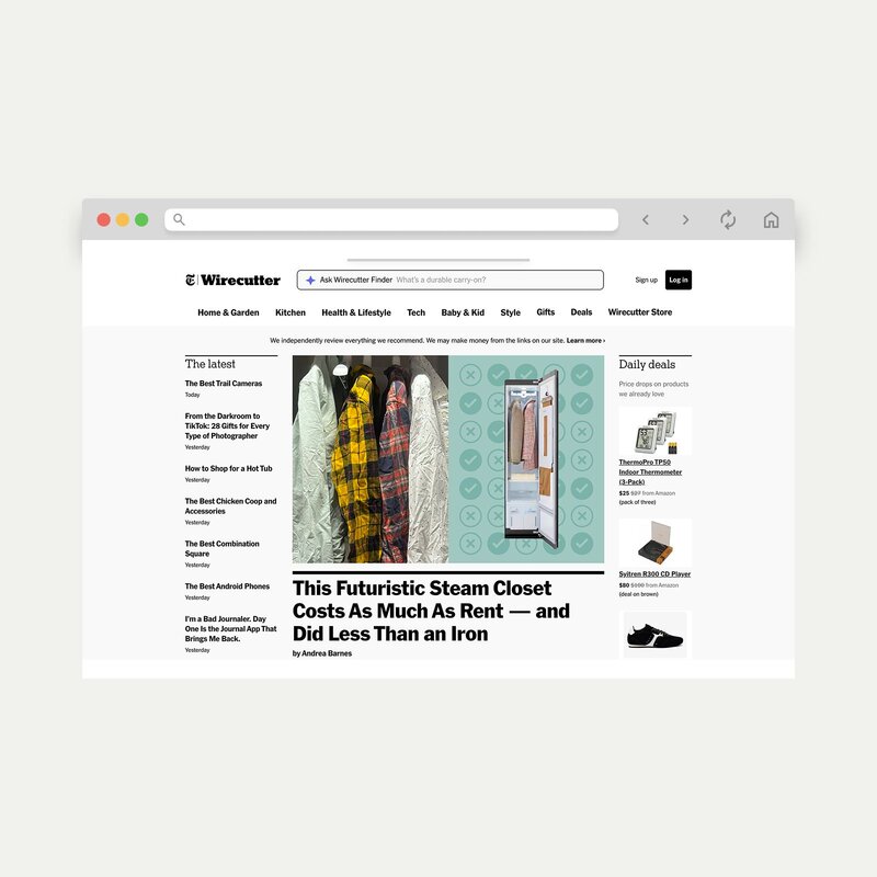 A screenshot mockup showing the Wirecutter homepage and their affiliate disclaimer.