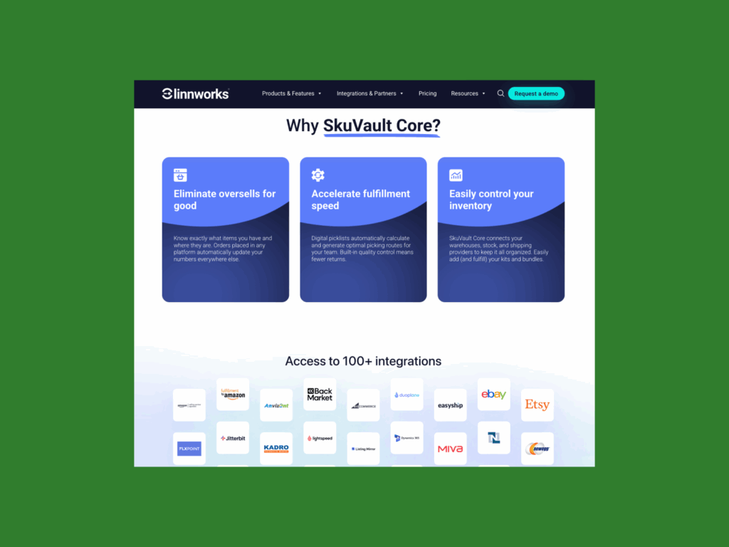 A screenshot of the Skuvault landing page.