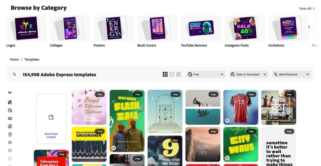 Screenshot of Adobe Express's template categories and template library.