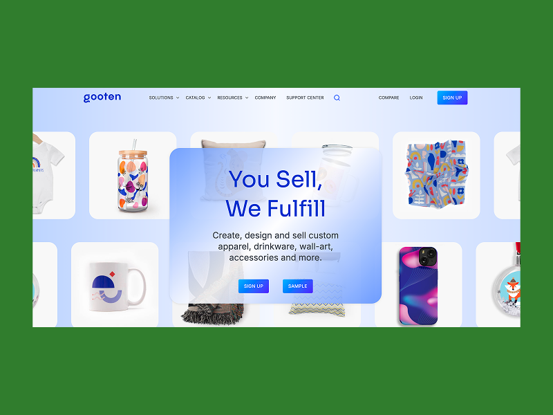 Gooten homepage showing custom mugs, apparel, and accessories.