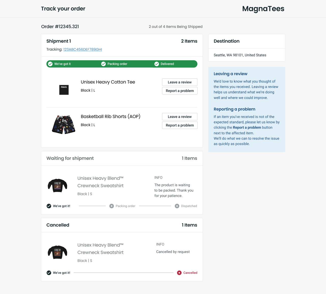 “Track your order” page showing the status of multiple items in a single order. Each item has a “Leave a review” and “Report a problem” button next to it.