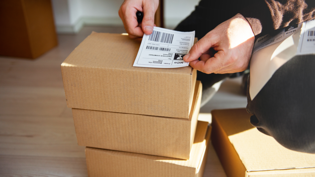 A man sticking a shipping sticker on to a box.