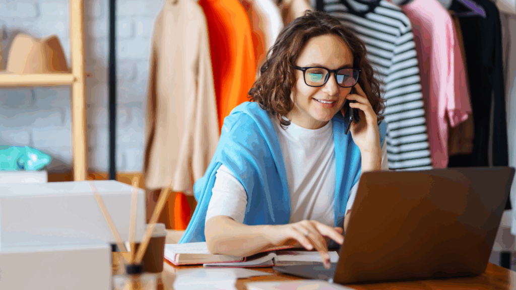 A woman in glasses is using a laptop and talking to someone on the phone.